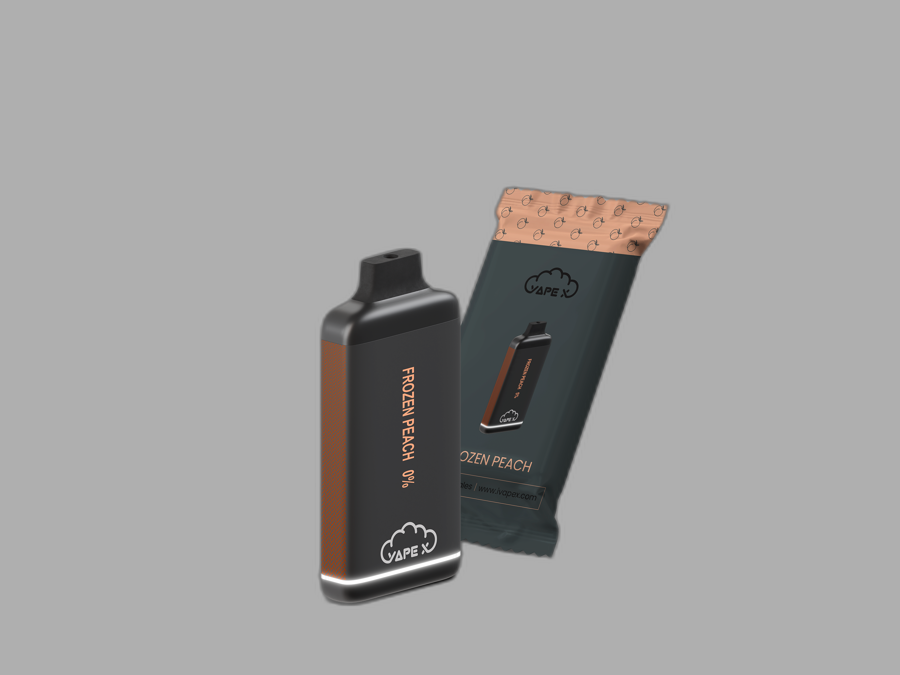 vapeX Frozen Peach Vape 0% Nicotine disposable vape packaging detail view