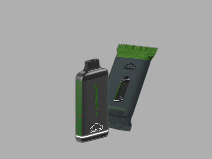 vapeX Iced Sour Apple Vape 0% Nicotine disposable vape packaging detail view