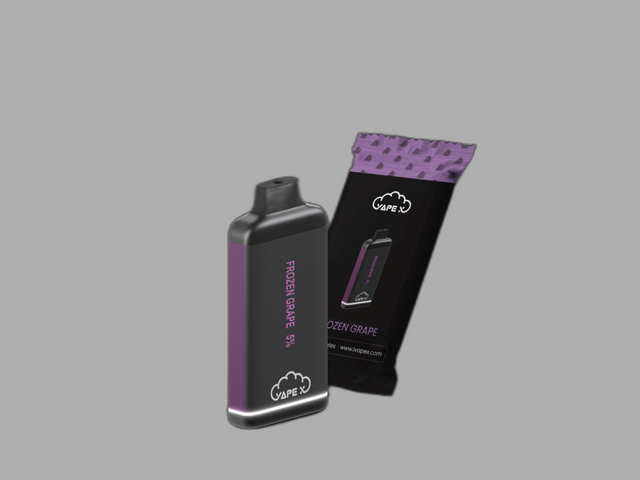 vapeX Frozen Grape Vape 5% Nicotine disposable vape packaging detail view