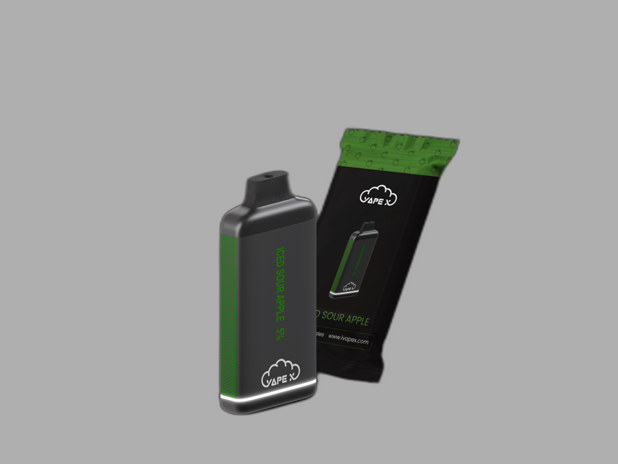 vapeX Iced Sour Apple 5% Nicotine (10 Pack) disposable vape packaging detail view
